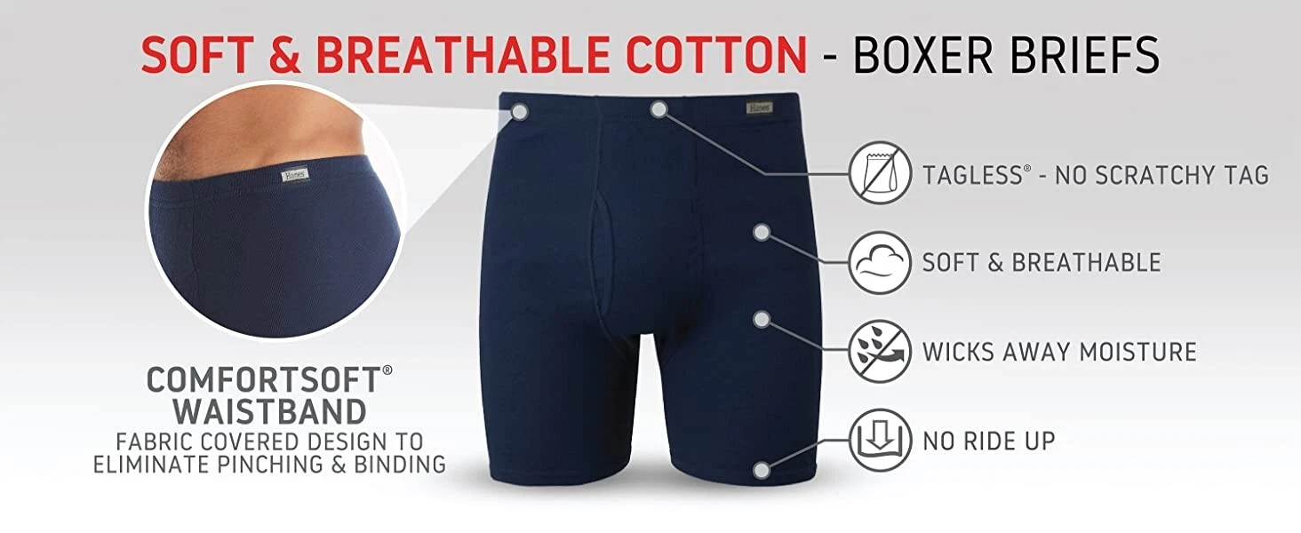 Hanes Tagless navy cotton boxer briefs pack of six with ComfortSoft waistband