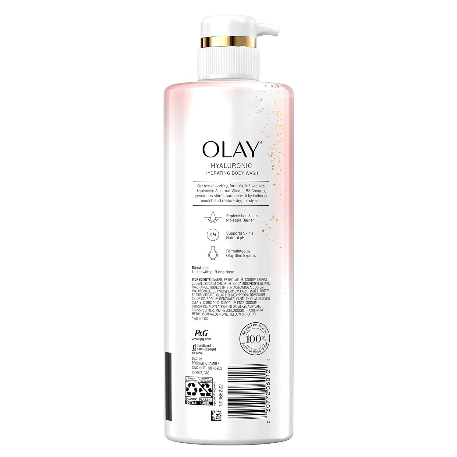 Olay Hyaluronic Hydrating Body Wash 21oz pump bottle with gold trim