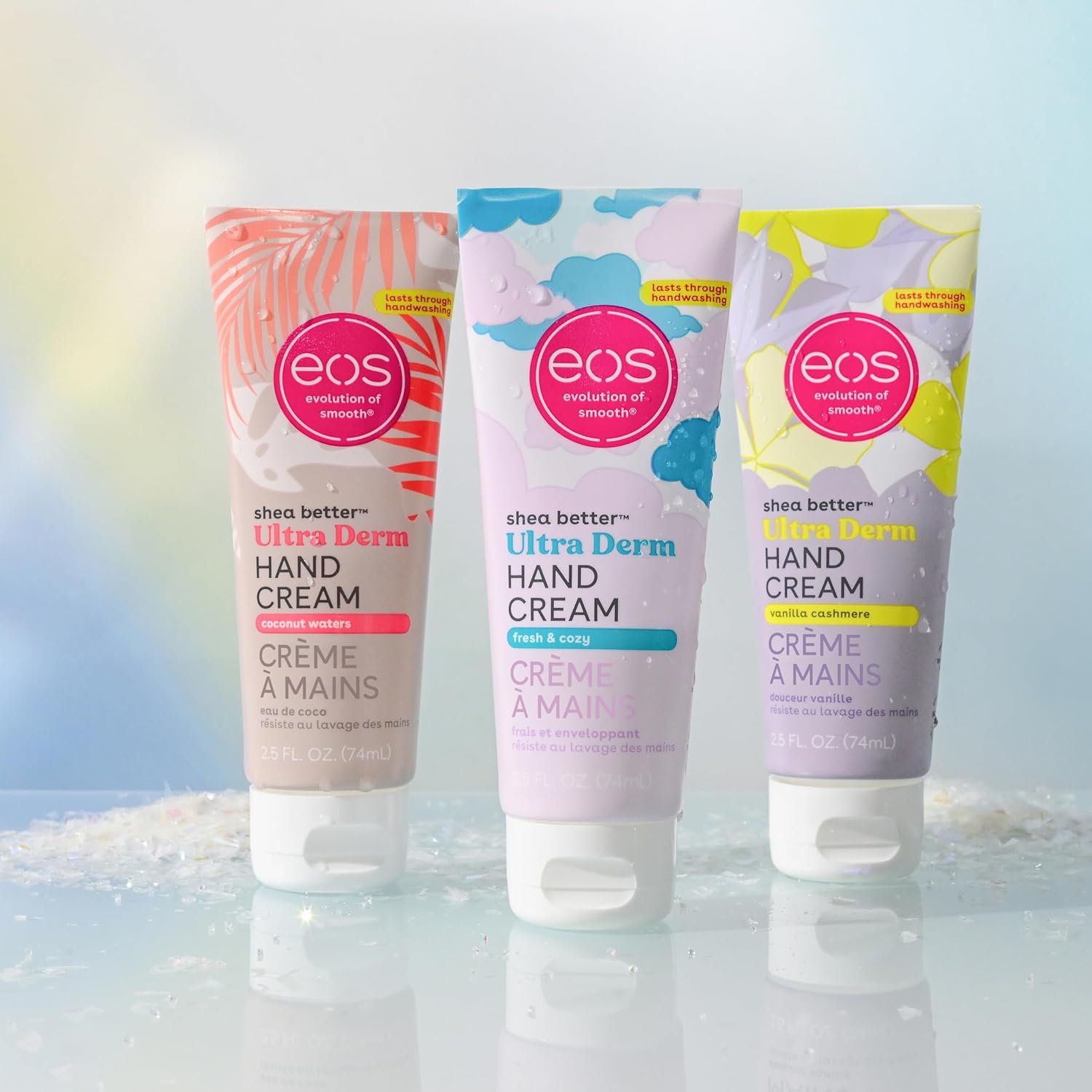 eos Fresh and Cozy Ultra Derm hand cream 2.5oz tube with blue cloud design