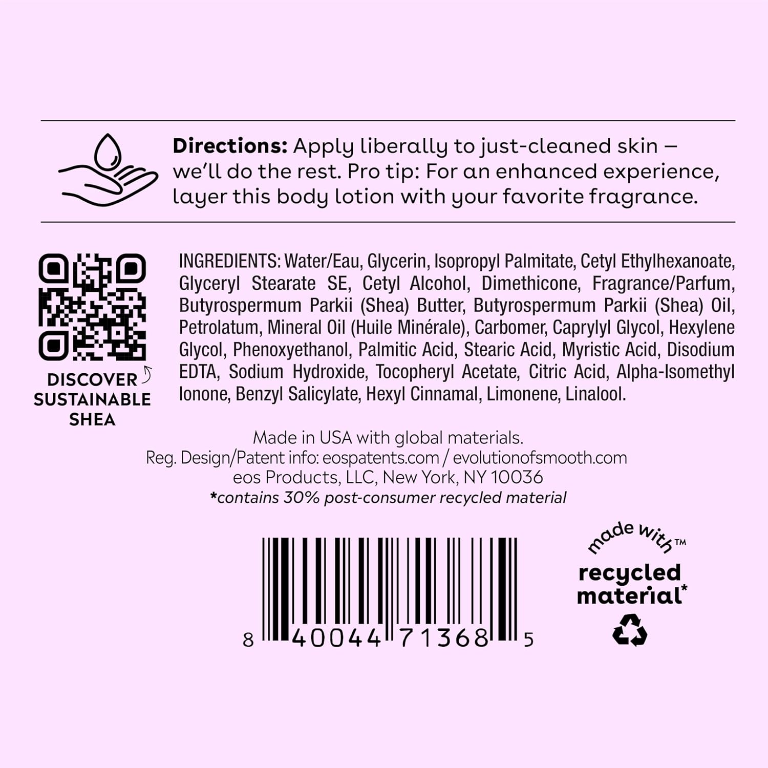 eos Shea Better Fresh and Cozy Moisture Body Lotion 16 fl oz bottle back label
