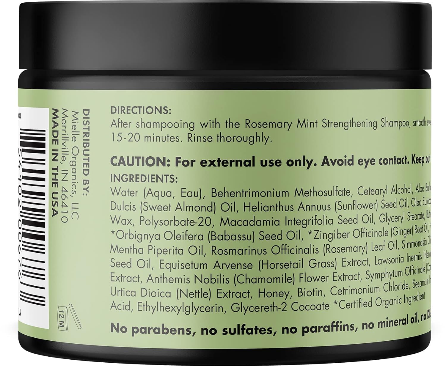 Mielle Organics Rosemary Mint Strengthening Hair Masque 12oz jar with green label
