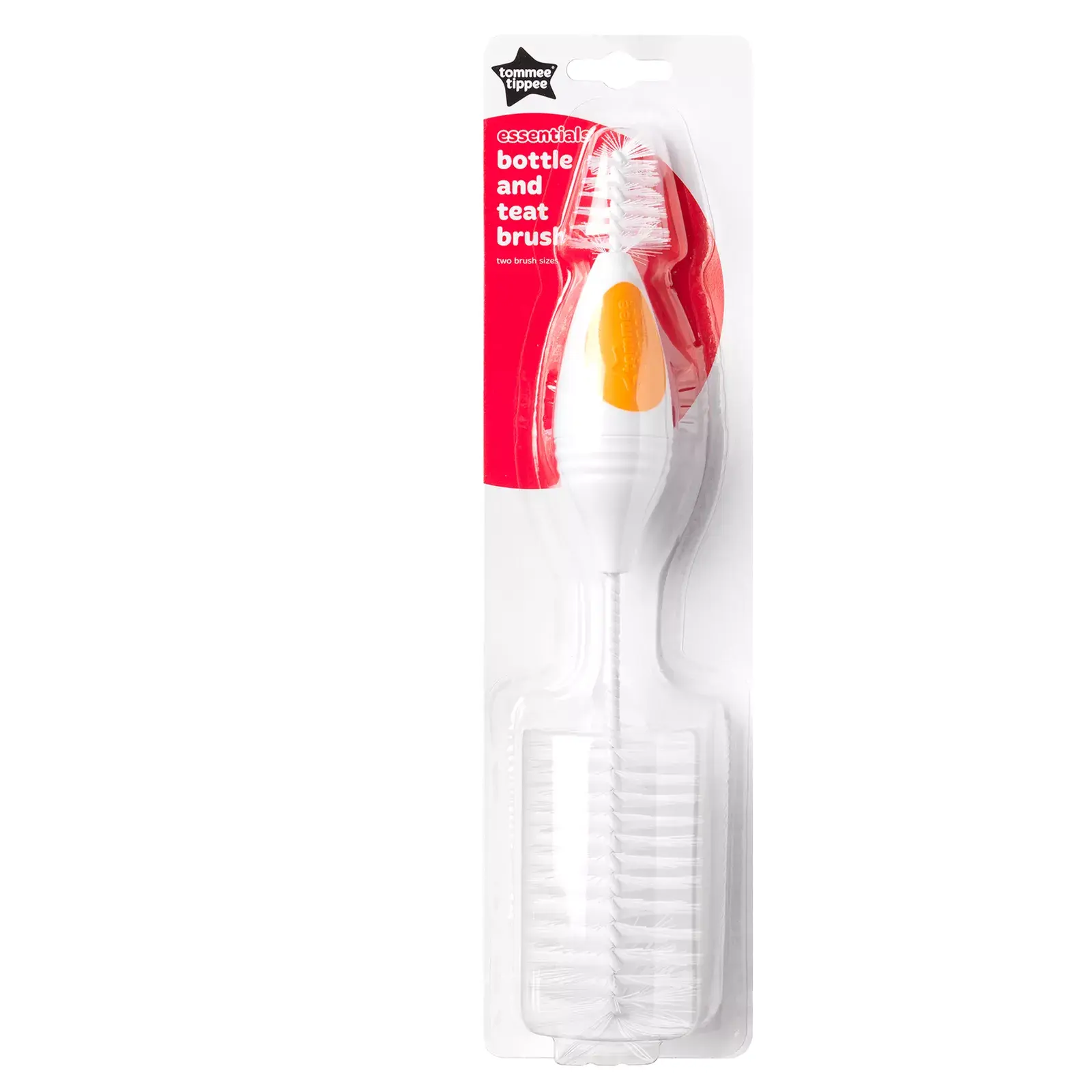 Tommee Tippee bottle and teat brush with two brush sizes, white and yellow handle