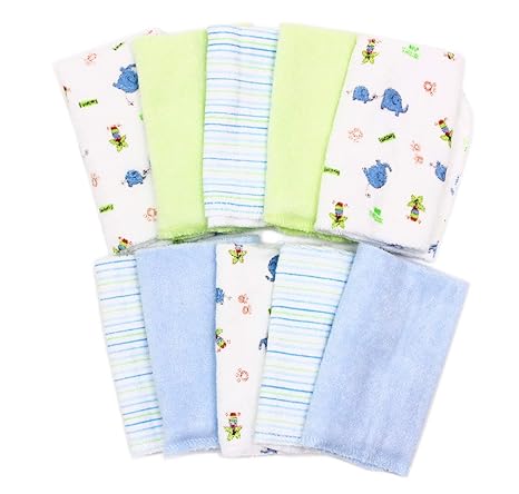 Spasilk pack of 10 washcloths with blue elephants and striped patterns for babies