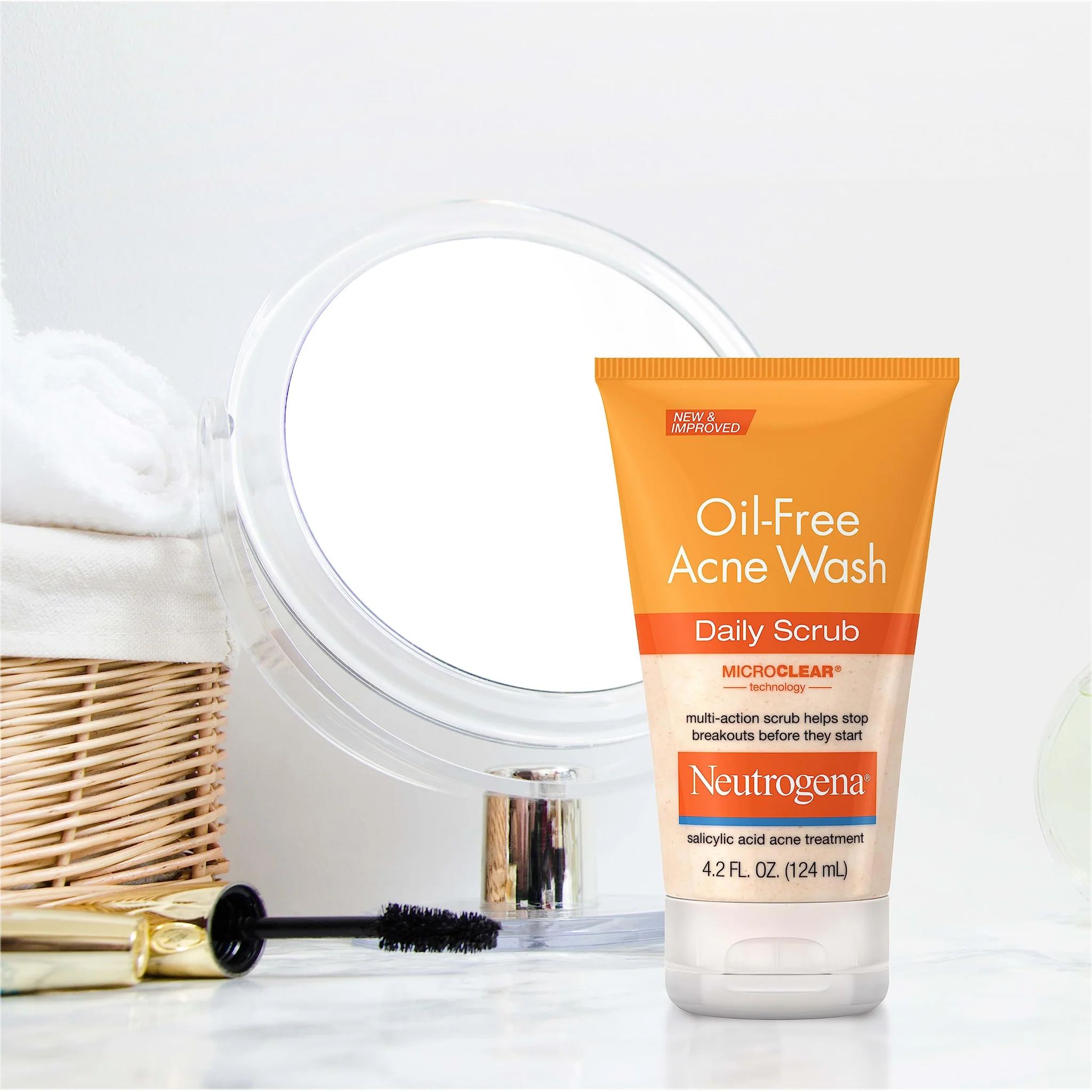 Neutrogena Oil-Free Acne Wash Daily Scrub 4.2fl oz tube with orange label