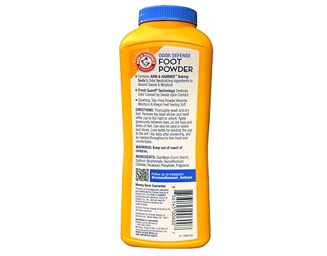Arm & Hammer Odor Defense Foot Powder 7oz yellow bottle with blue cap