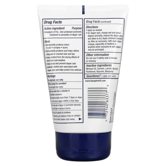 Aquaphor Baby Healing Ointment 3oz tube with white body and dark blue base