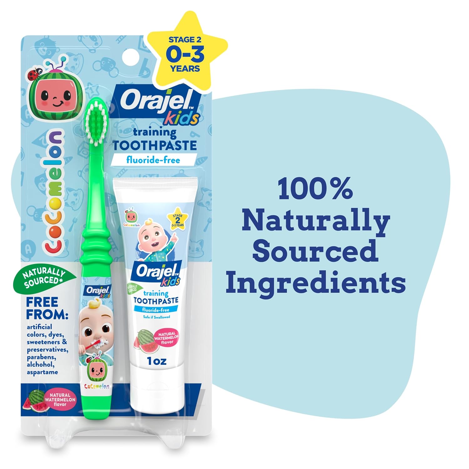 Orajel Kids training toothpaste 1oz and green toothbrush Cocomelon stage two