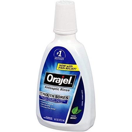 Orajel Anti-Septic Rinse Soothing Mint mouthwash bottle for mouth sores