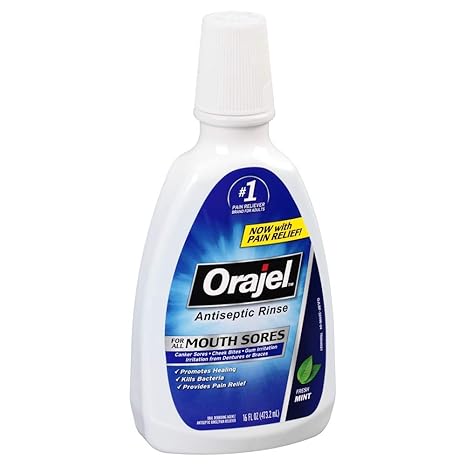 Orajel Antiseptic Rinse Soothing Mint mouth sore treatment bottle
