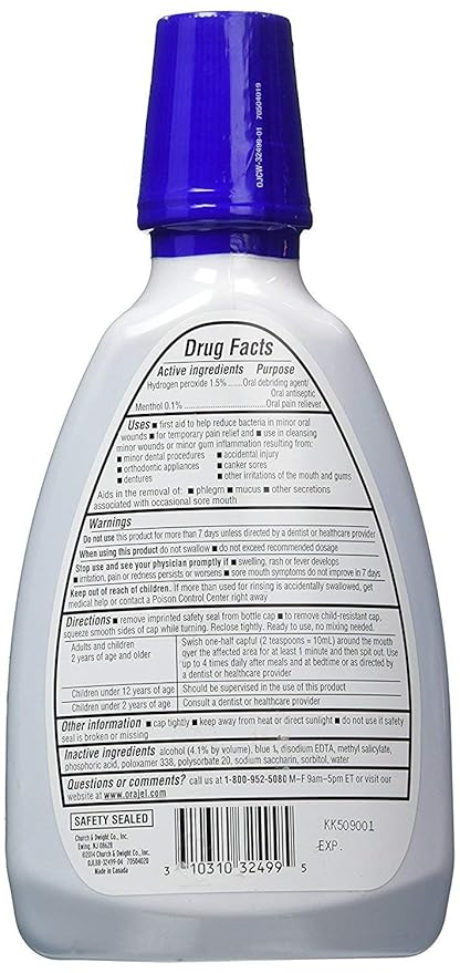 Orajel Anti-Septic Rinse Soothing Mint mouthwash bottle with blue cap