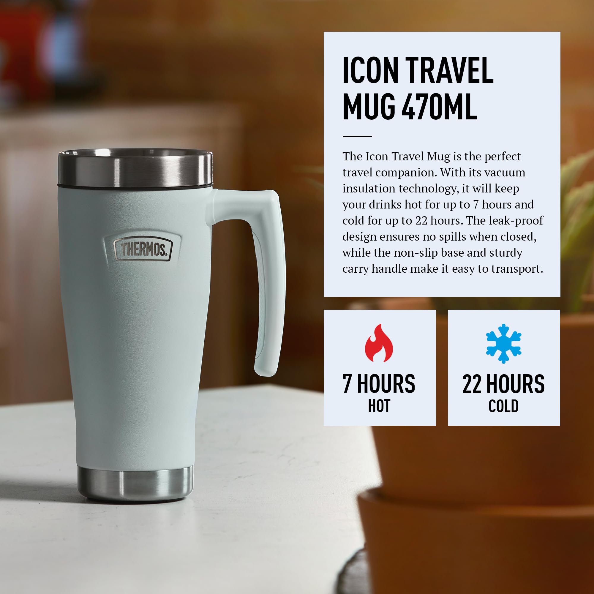 Thermos Icon travel mug 470ml pale blue with stainless steel handle