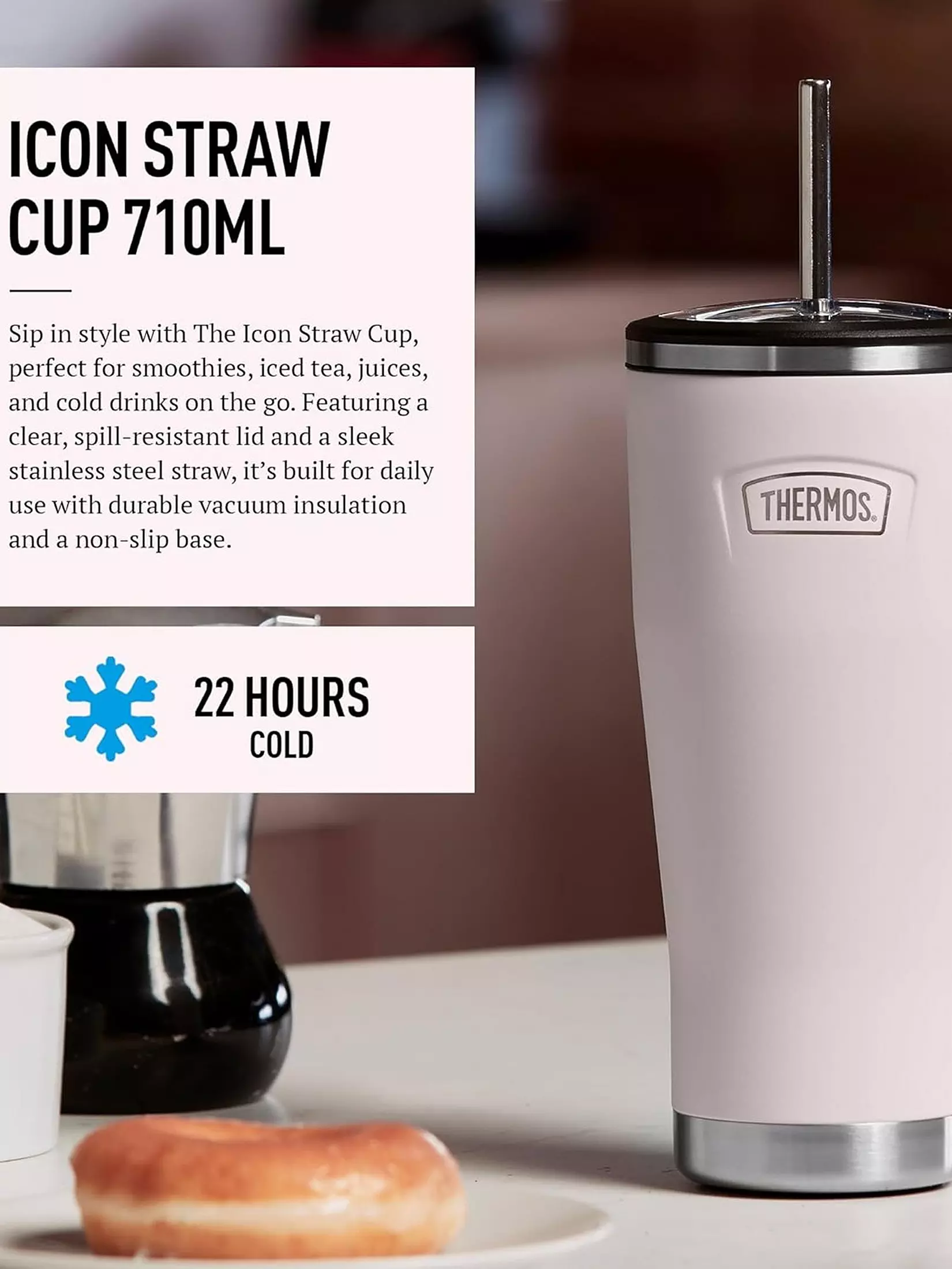 Thermos Icon Straw Cup 710ml pink with stainless steel straw and lid