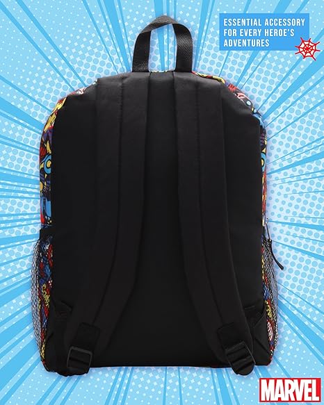 Marvel older kids backpack with black back and colourful character print sides