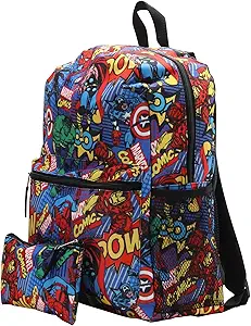 Marvel comic print backpack with front pocket and black straps