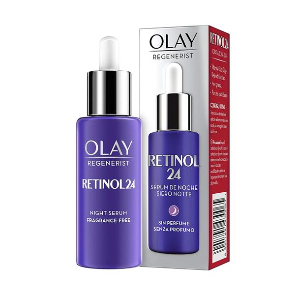 Olay Regenerist Retinol 24 purple night serum bottle with packaging box