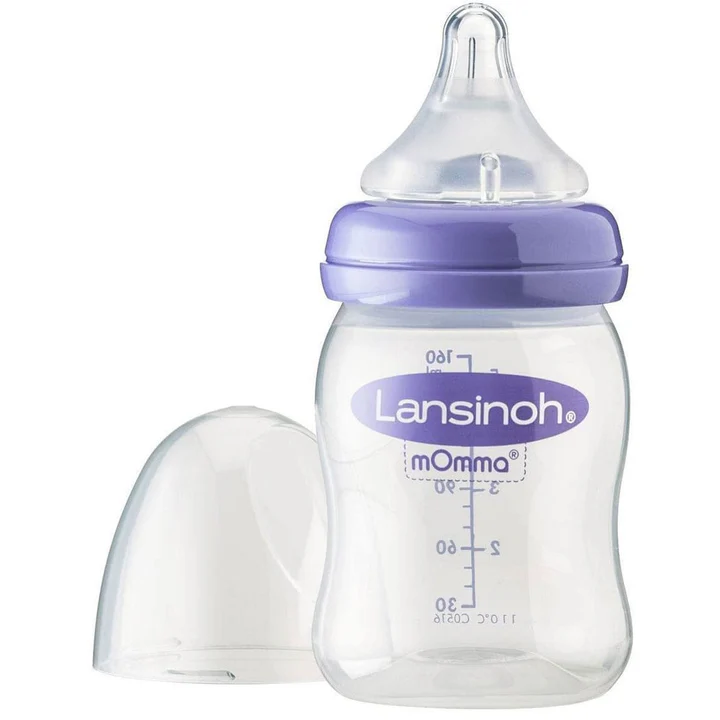 Lansinoh mOmma 160ml feeding bottle with purple collar and teat