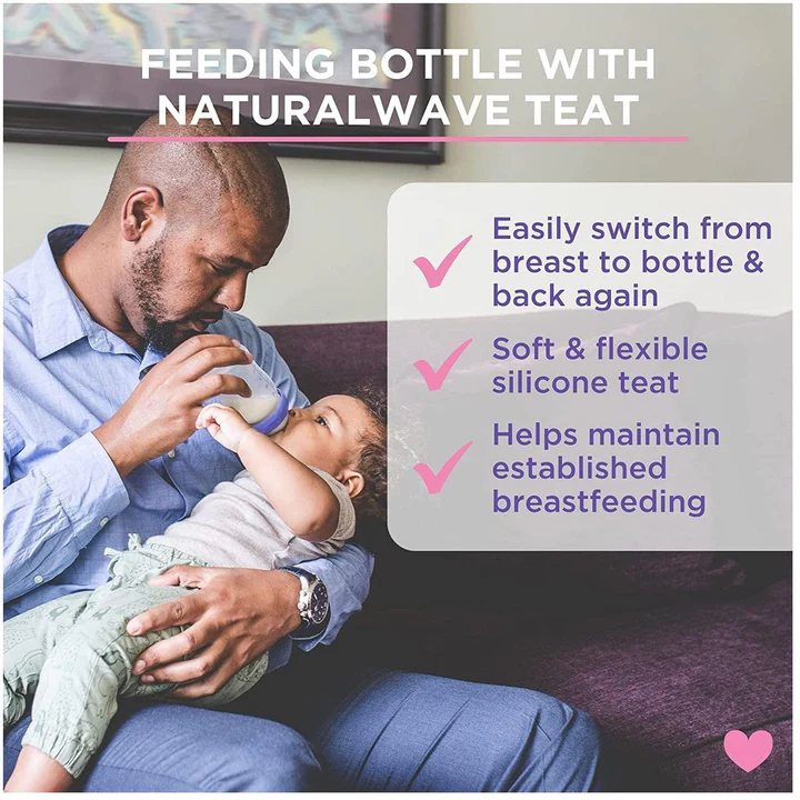 Lansinoh 160ml feeding bottle with NaturalWave teat, clear plastic