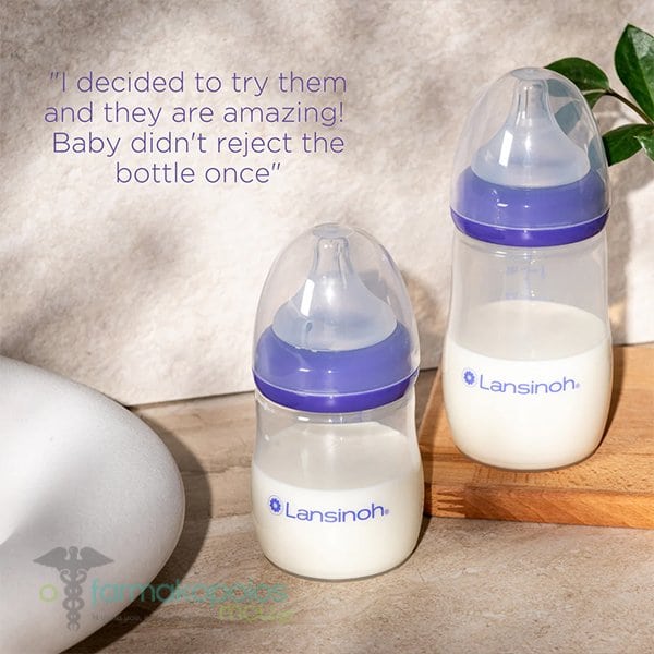 Lansinoh feeding bottle 240ml with purple band, two pack shown