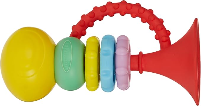 Infantino red musical trumpet baby toy with yellow and coloured teething rings