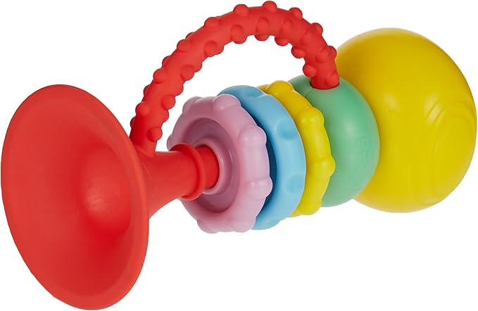 Infantino musical trumpet with red handle, textured rings and yellow ball end