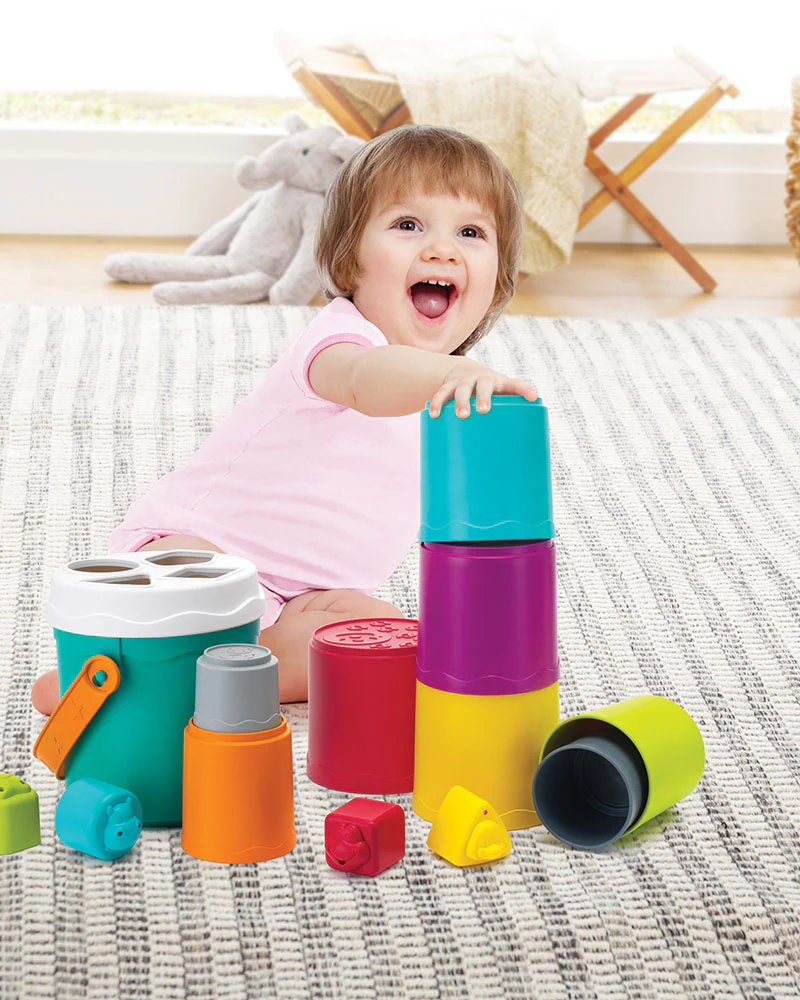 INFANTINO Shape Sorting Stack'n Nest Buckets with coloured stacking containers and shape blocks
