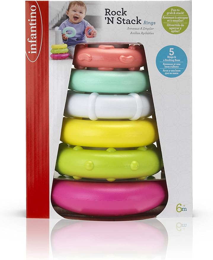 Infantino Rock N Stack Rings stacking toy with pink rocking base for infants 6 months and up