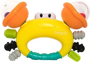 Infantino Sand Crab yellow rattle and teether toy with orange claws