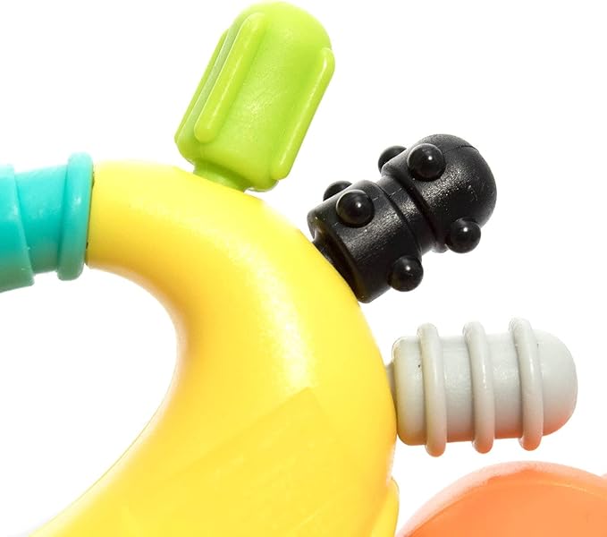 Infantino Sand Crab Rattle and Teether with lime green, yellow, black and white sections
