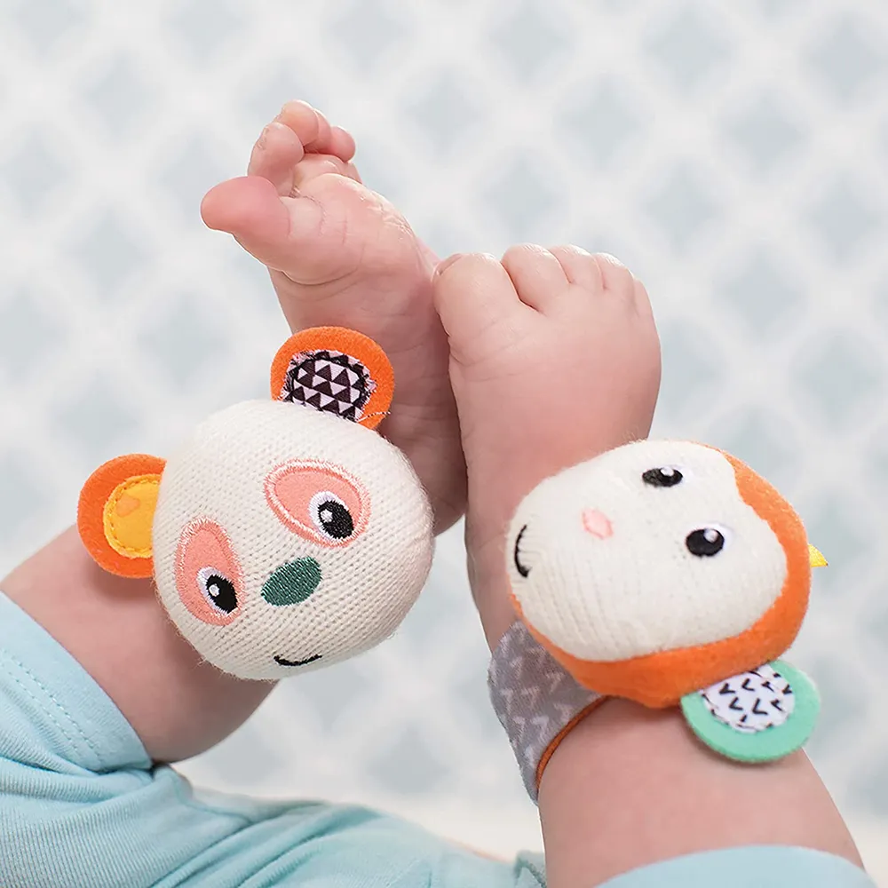 Infantino wrist rattles with monkey and panda designs, pair of soft fabric baby toys