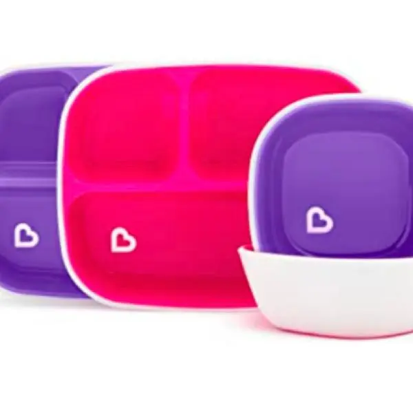 Munchkin pink and purple divided children's cutlery set with bowls