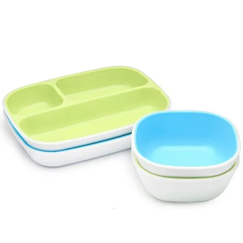 Munchkin cutlery set blue green divided plate and bowls