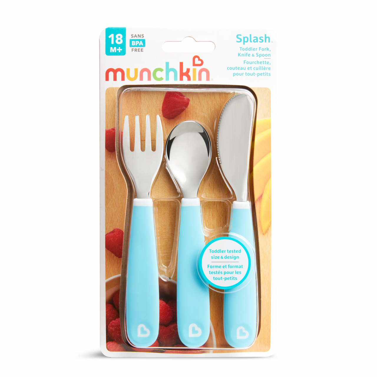 Munchkin Splash three-piece toddler cutlery set fork knife spoon blue 18 months plus