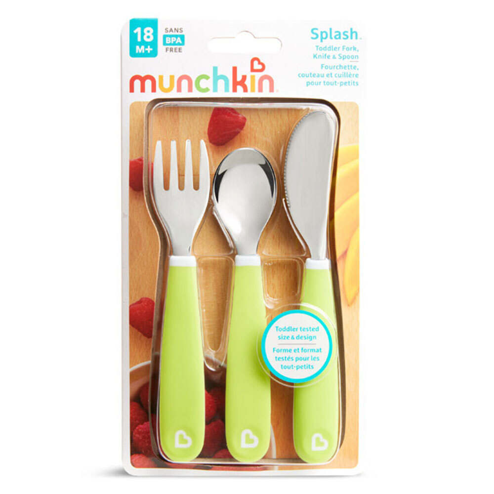 Munchkin Splash toddler cutlery set three-piece fork, knife and spoon green