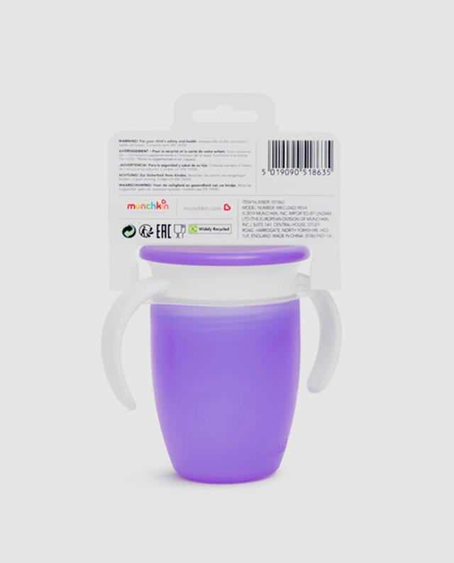 Munchkin Miracle 360 Degree trainer cup 7oz purple with lid and handles