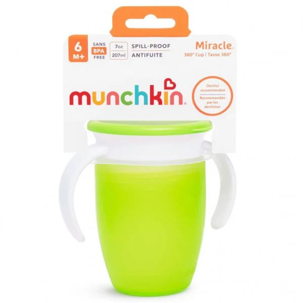 Munchkin Miracle 360 Degree Trainer Cup 7oz green spill-proof with lid