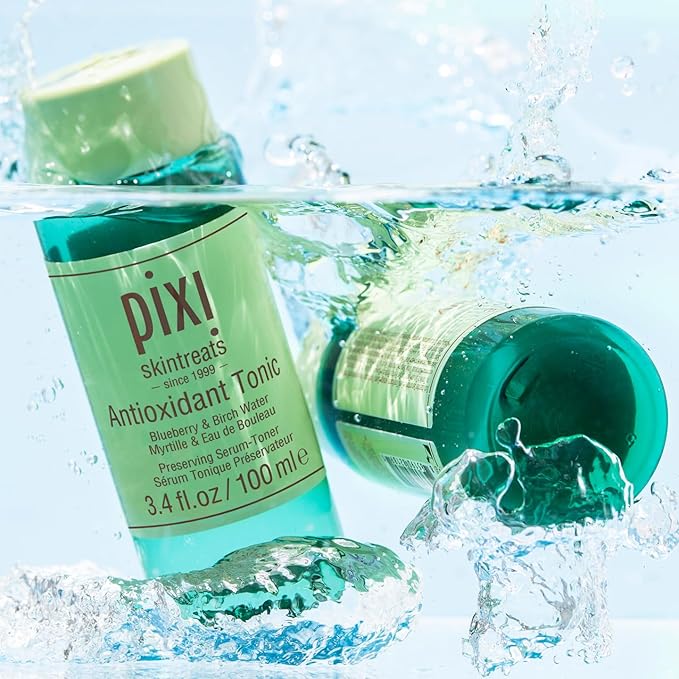 Pixi Antioxidant Tonic 250ml green bottle with turquoise liquid splash