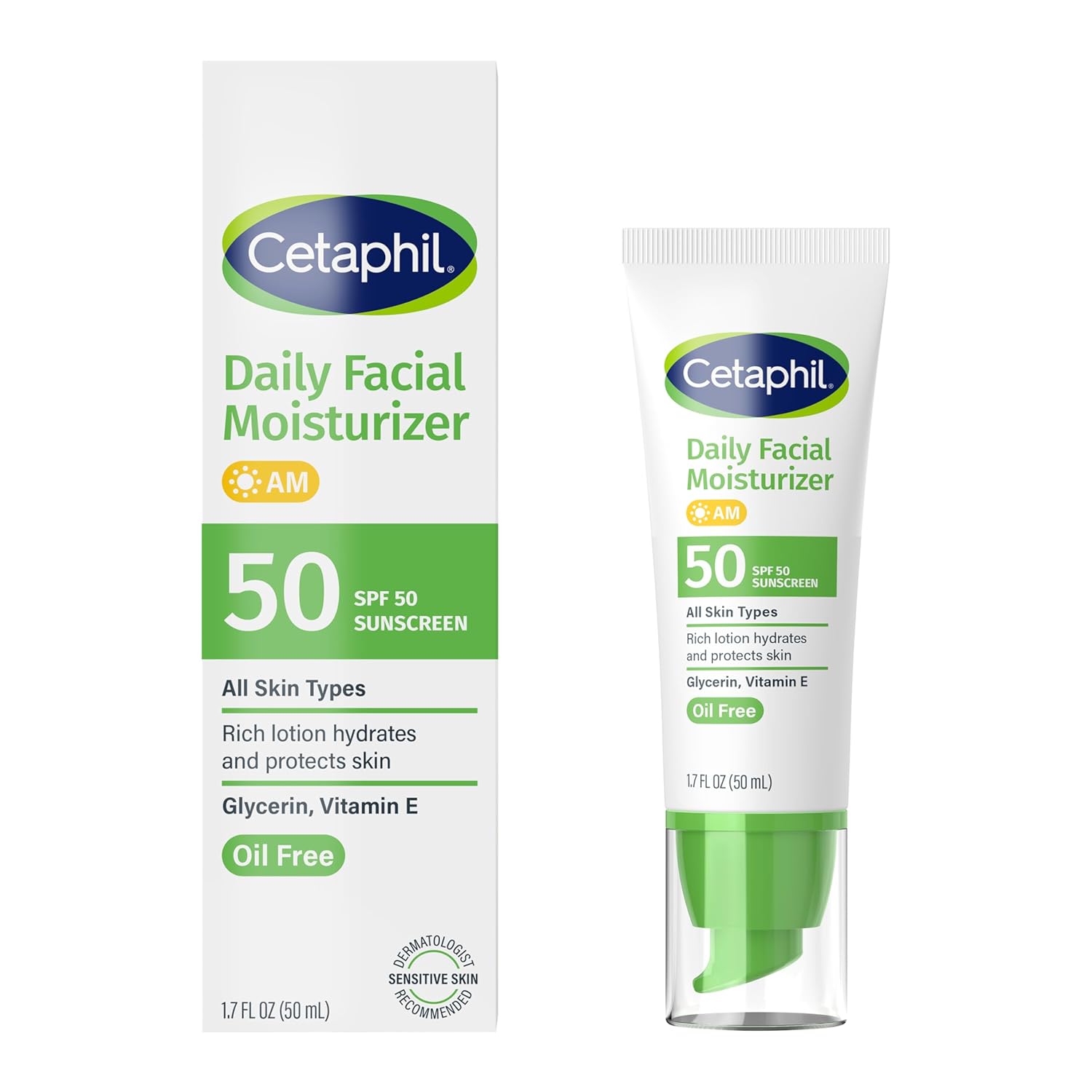 Cetaphil Daily Facial Moisturiser SPF 50 sunscreen day cream 50ml tube and box